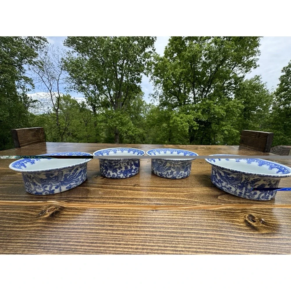 Blue White Porcelain Ramekins Set 4 Floral Bird‎ Chinoiserie Sauce Bowls